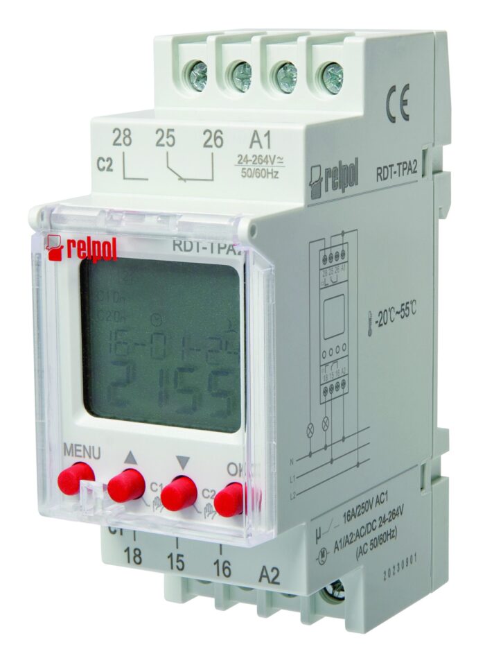 RDT-TPA2 digitaalne taimer din-liistule; 24-264VAC/DC; 2 x relee (16A); astronoomiline kell - pilt 1