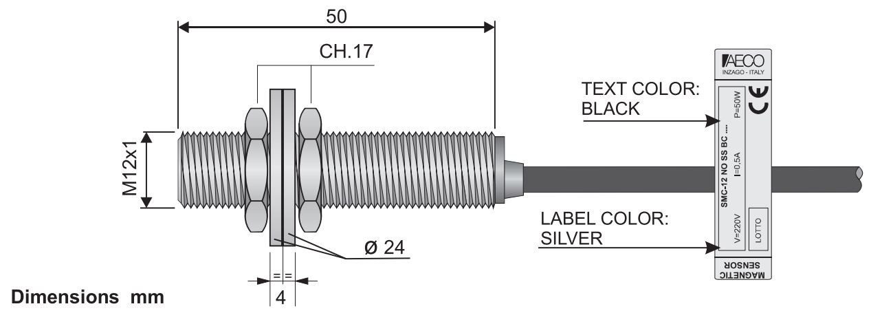 7024 Магнитный датчик SMC-12; макс 200В 0,5А; M12 нержавеющая сталь; NO; 20мм; кабель 10м - Изображение 1