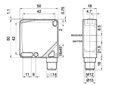 7396 S62-PA-5-M21-PP photo sensor; 10-30DC; 50x50x18mm plastic housing; reflective; background suppression; 60...1200mm; PNP; M12 connector; IP67 - Image 2